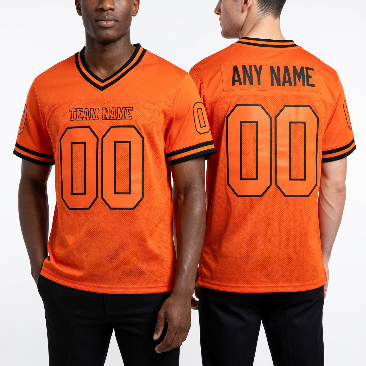 Custom Orange Orange-Black Mesh Authentic Throwback Football Jersey worn front and back