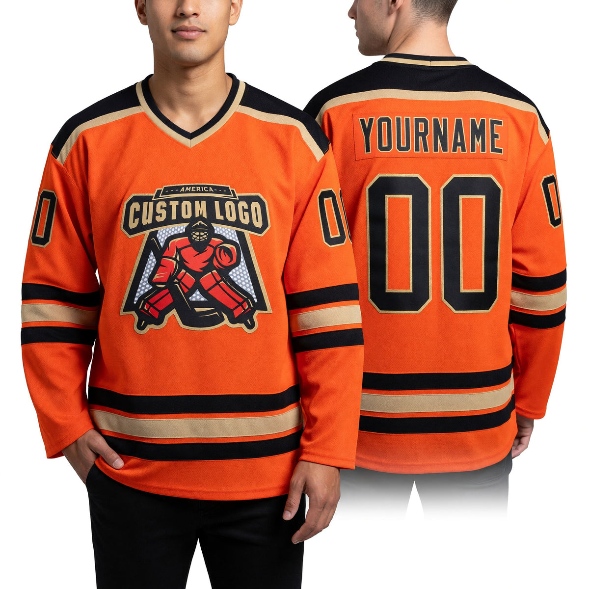 Custom Orange Black-Old Gold Hockey Jersey worn front and back