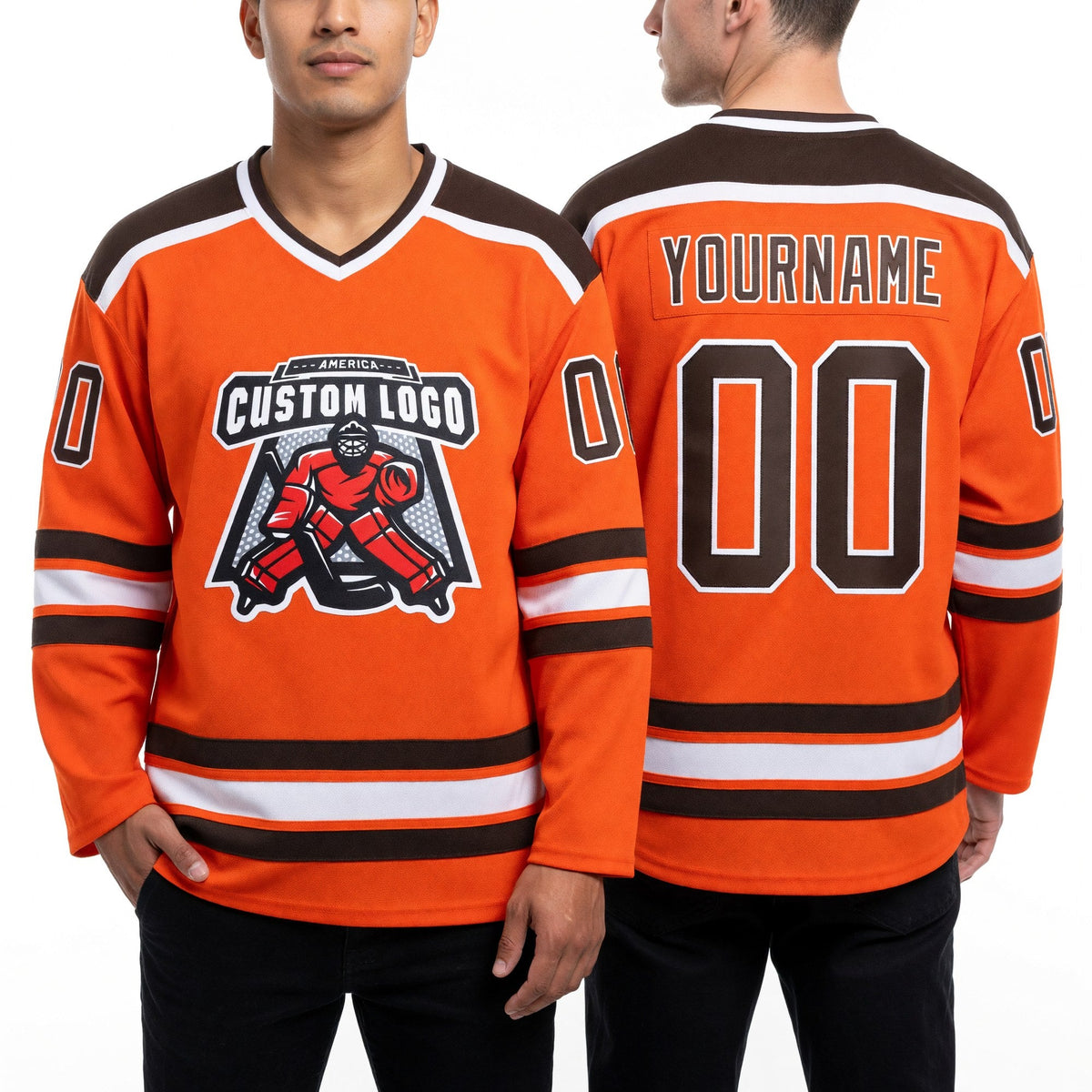 Custom Orange Brown-White Hockey Jersey worn front and back