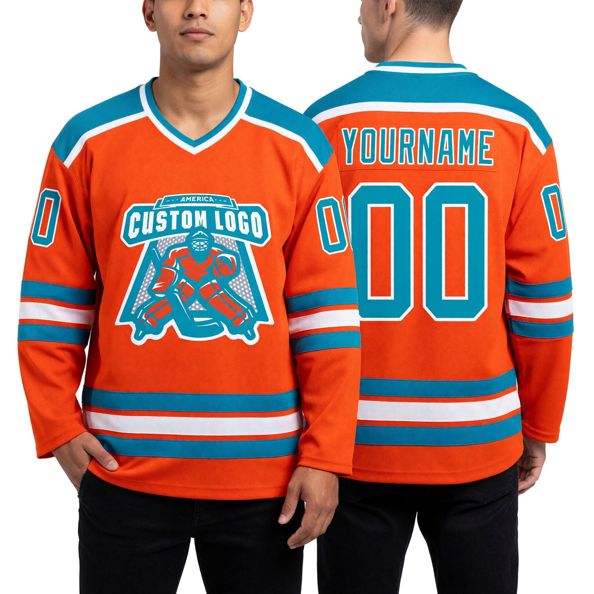 Custom Orange Teal-White Hockey Jersey worn front and back