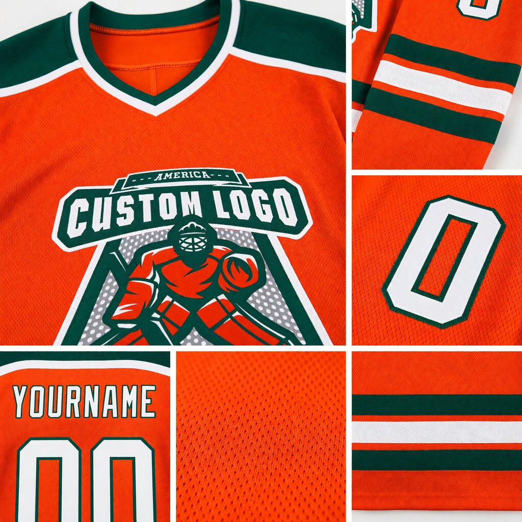 Custom Orange White-Green Hockey Jersey detail
