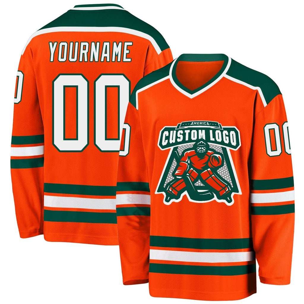 Custom Orange White-Green Hockey Jersey photo 1