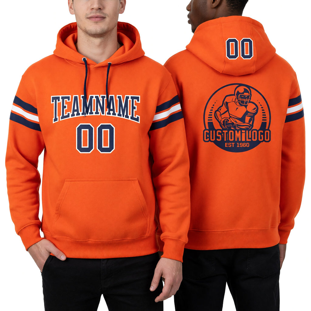 Custom Stitched Orange Navy-White Football Pullover Sweatshirt Hoodie worn front and back