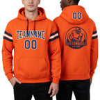 Custom Stitched Orange Navy-White Football Pullover Sweatshirt Hoodie worn front and back