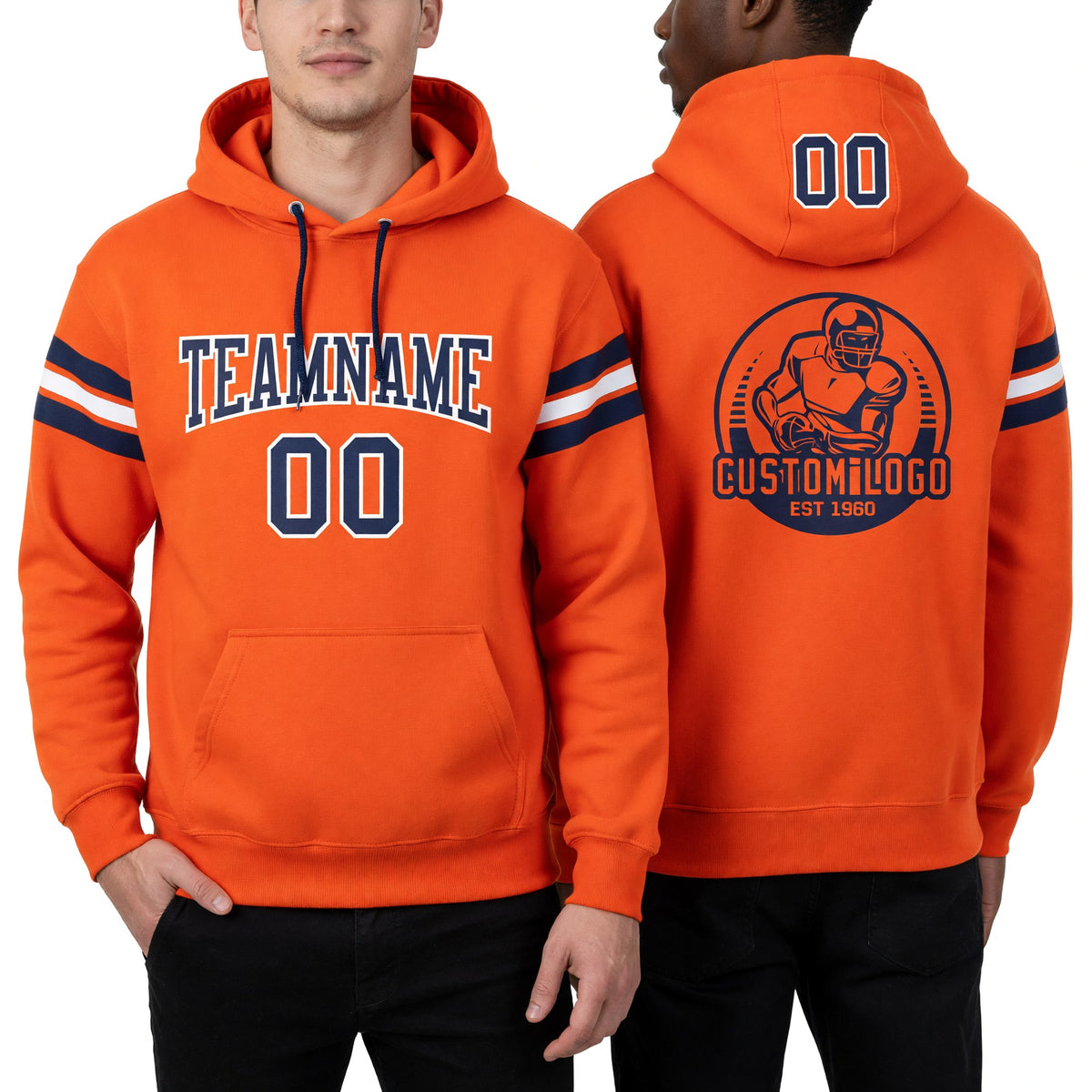 Custom Stitched Orange Navy-White Football Pullover Sweatshirt Hoodie worn front and back