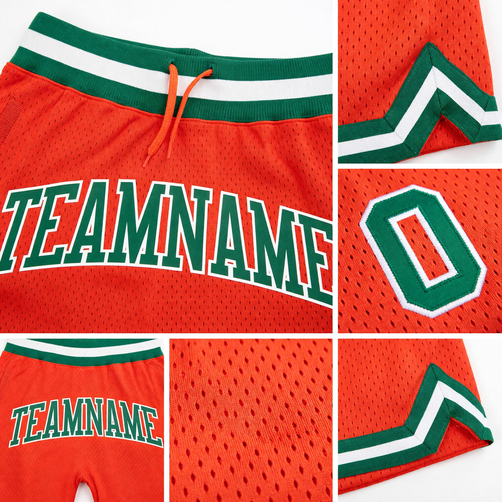 Custom Orange Kelly Green-White Authentic Throwback Basketball Shorts detail