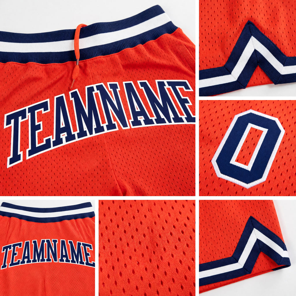 Custom Orange Navy-White Authentic Throwback Basketball Shorts detail