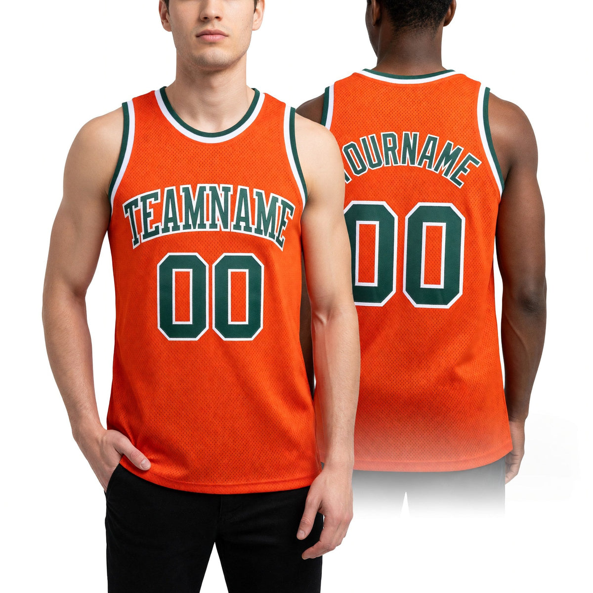 Custom Orange Green-White Authentic Throwback Basketball Jersey worn front and back