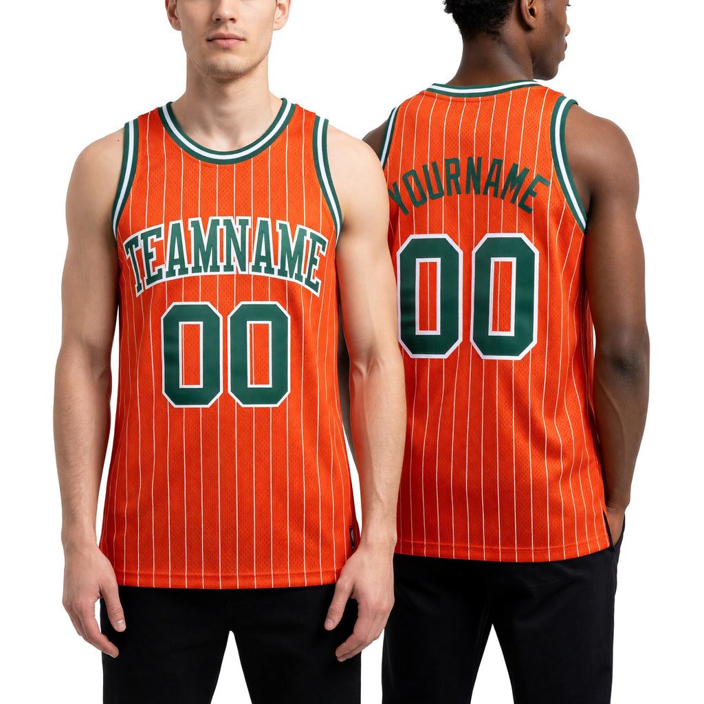 Custom Orange White Pinstripe Kelly Green Authentic Basketball Jersey worn front and back