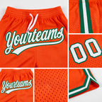 Custom Orange White-Kelly Green Authentic Throwback Basketball Shorts detail