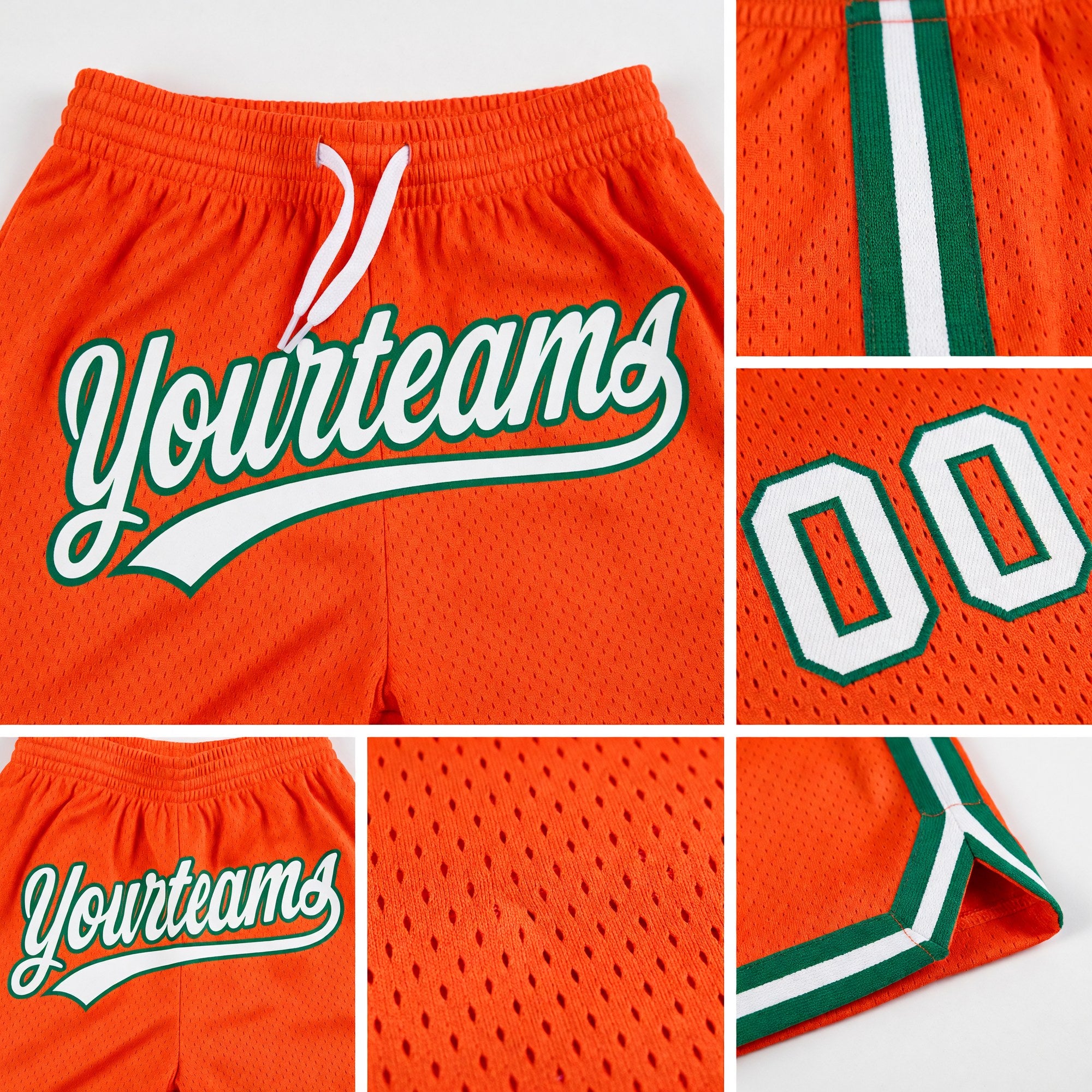 Custom Orange White-Kelly Green Authentic Throwback Basketball Shorts detail