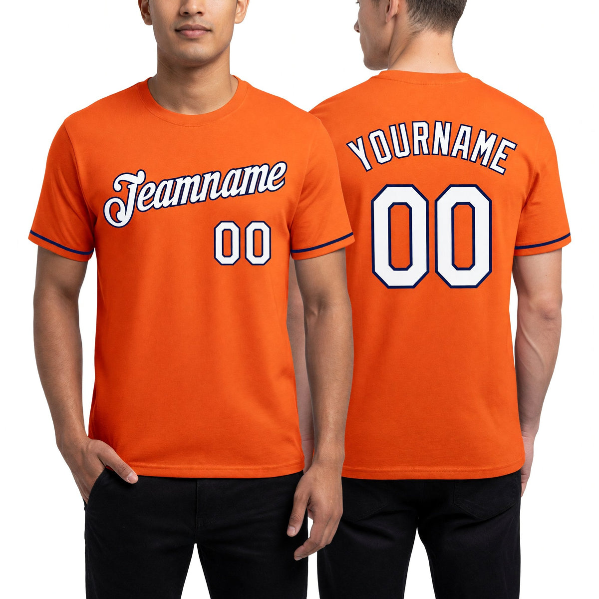 Custom Orange White-Navy Performance T-Shirt worn front and back