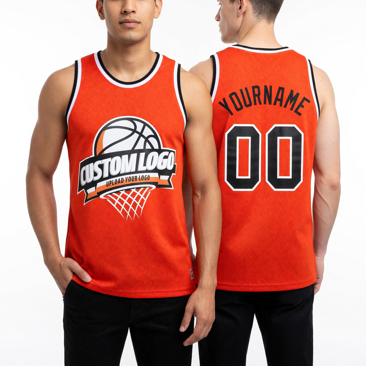 Custom Orange Black-White Authentic Throwback Basketball Jersey worn front and back