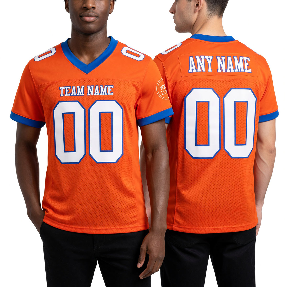 Custom Orange White-Royal Mesh Authentic Football Jersey worn front and back