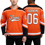 Custom Orange White-Black Hockey Lace Neck Jersey worn front and back