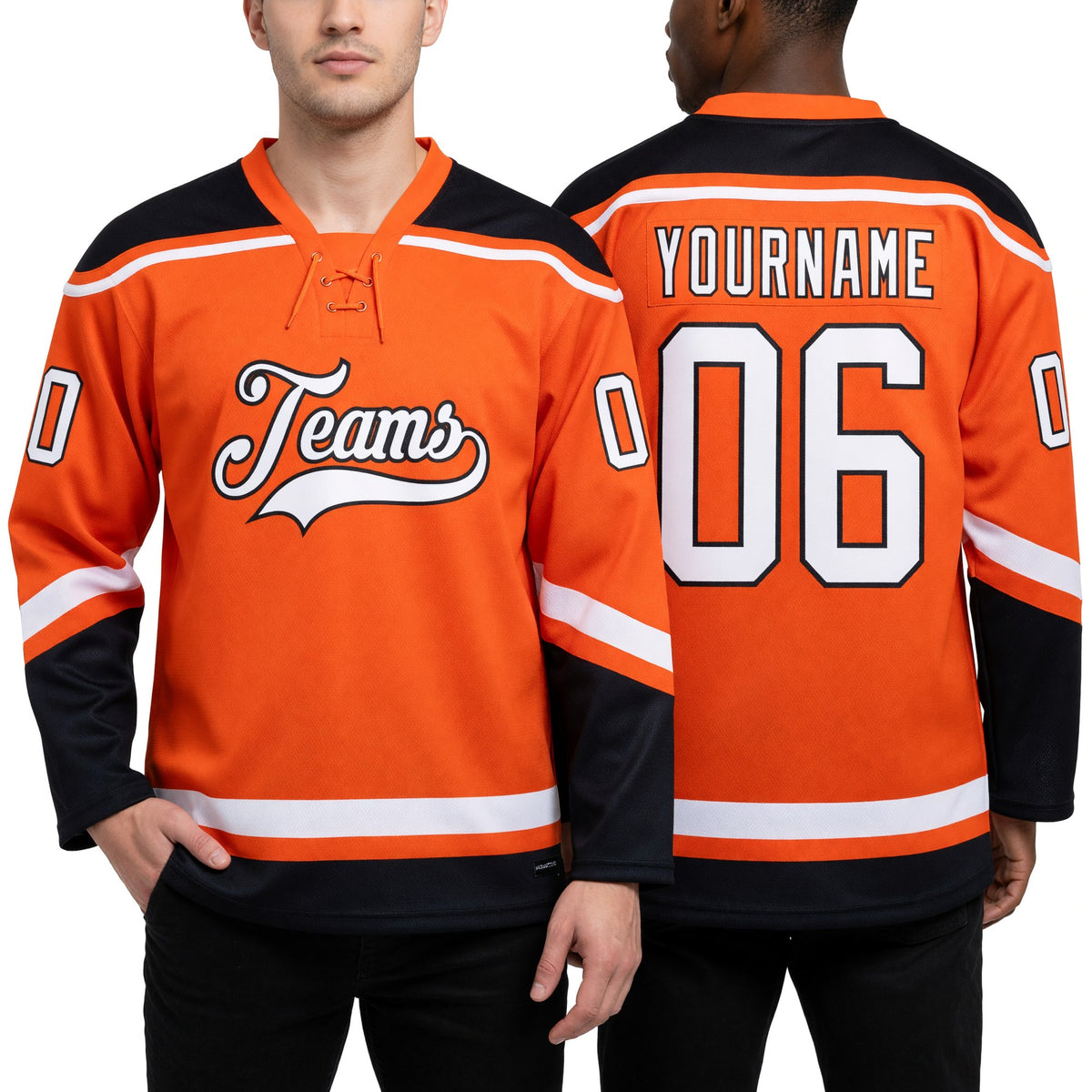 Custom Orange White-Black Hockey Lace Neck Jersey worn front and back