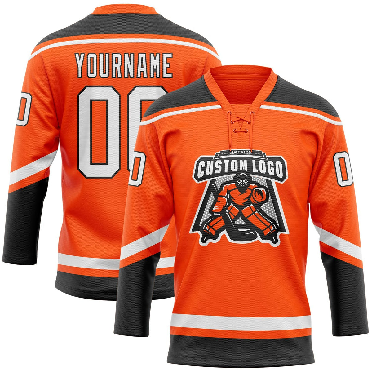 Custom Orange White-Black Hockey Lace Neck Jersey photo 2