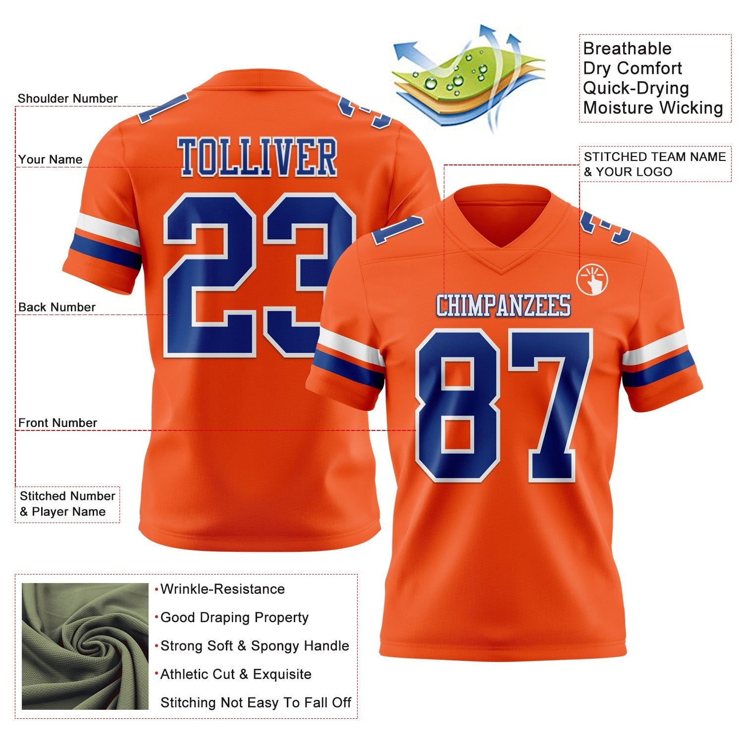 Custom Orange Royal-White Authentic Football Jersey photo 3