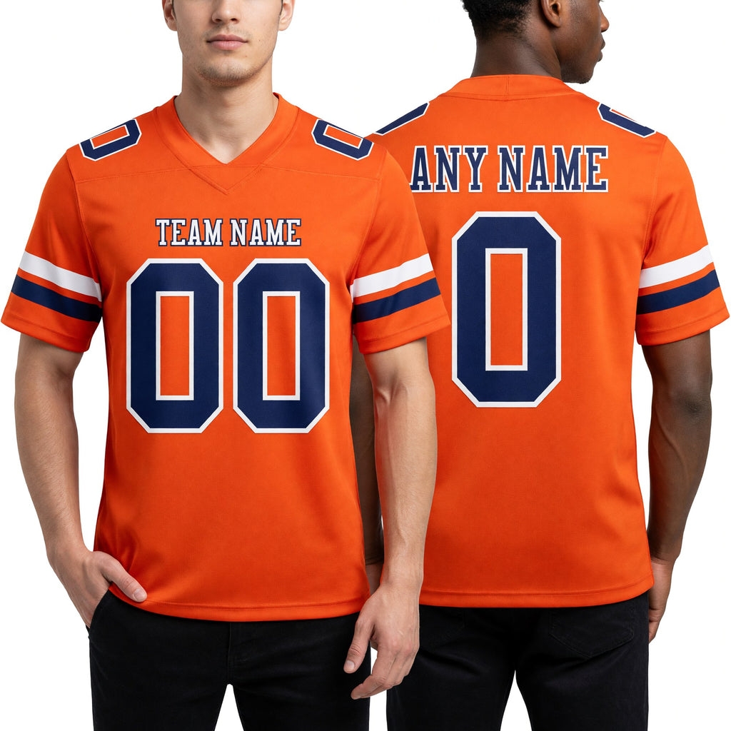 Custom Orange Navy-White Authentic Football Jersey worn front and back