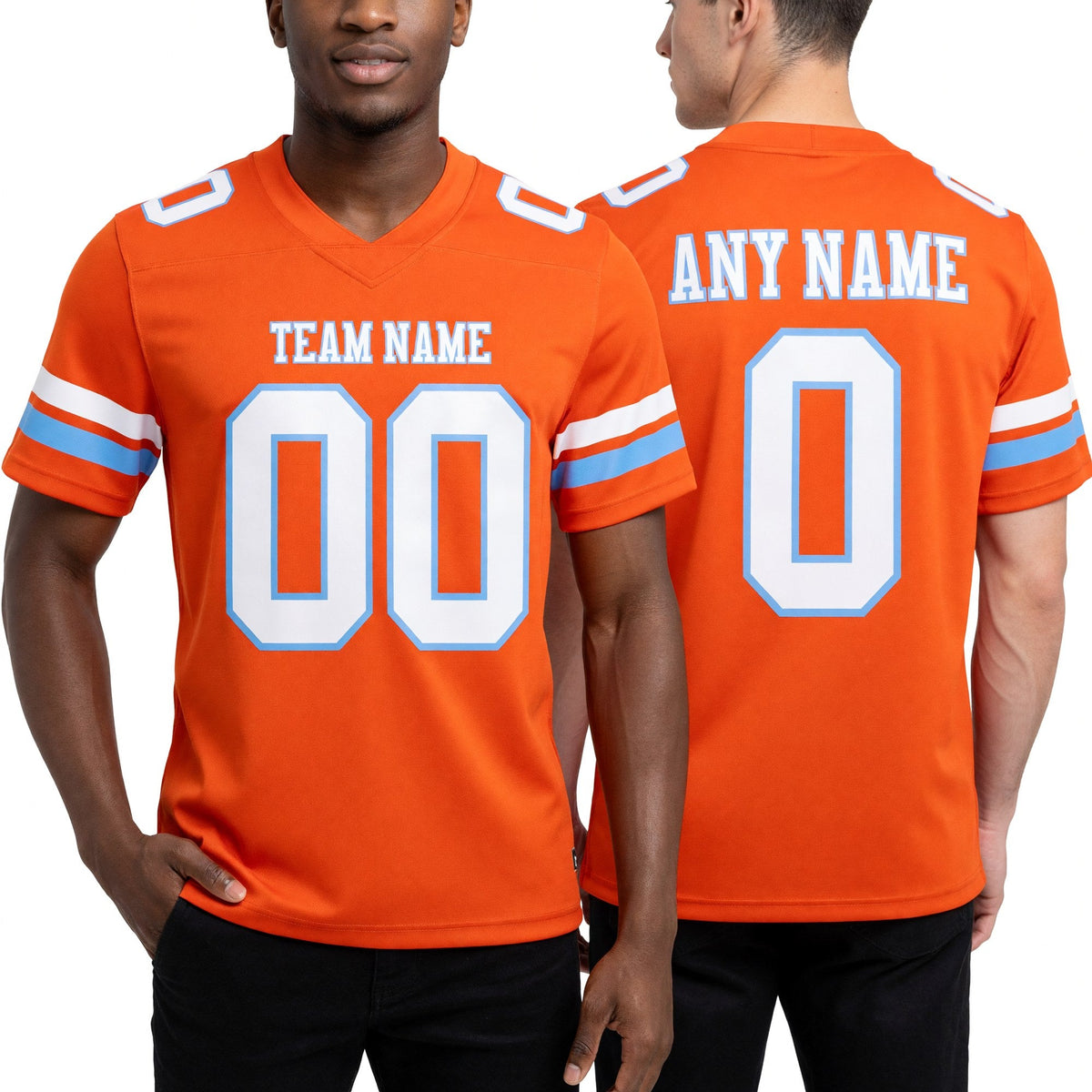 Custom Orange White-Light Blue Authentic Football Jersey worn front and back