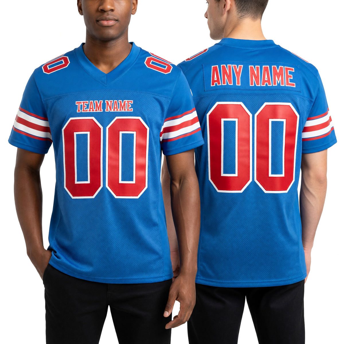 Custom Panther Blue Red-White Mesh Authentic Football Jersey worn front and back