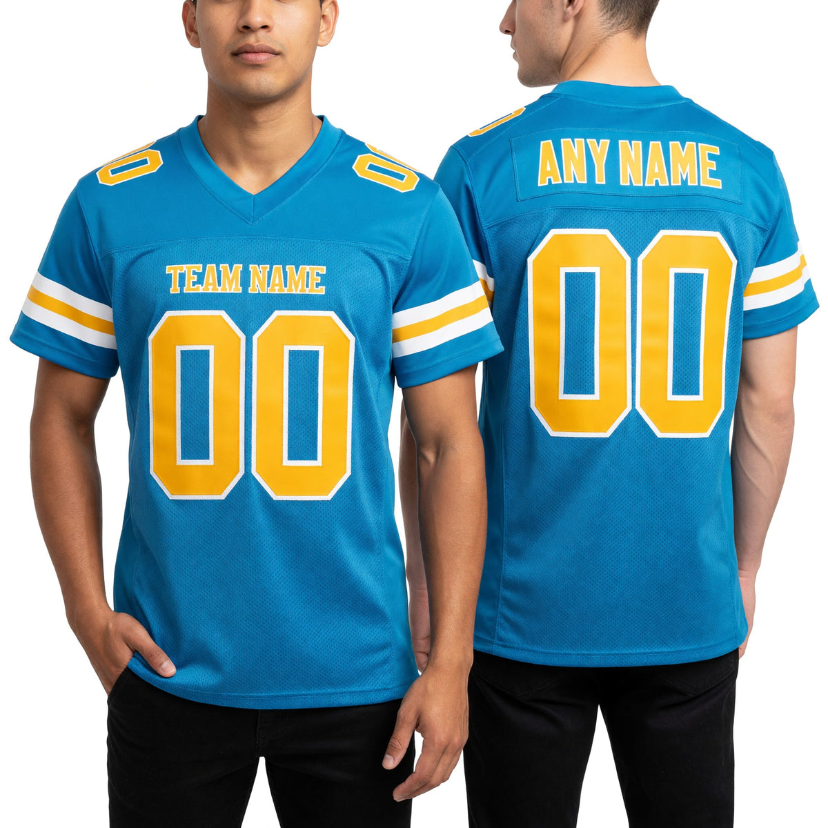 Custom Panther Blue Gold-White Mesh Authentic Football Jersey worn front and back