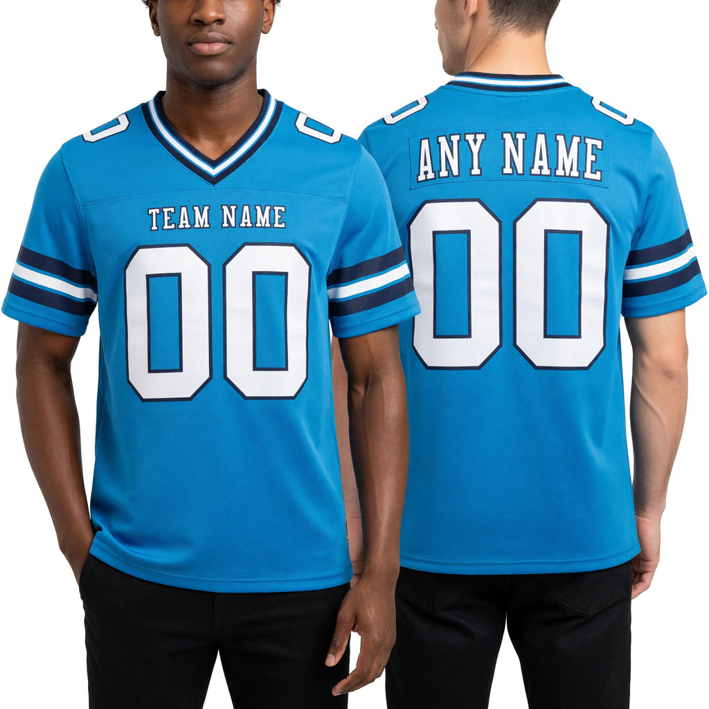 Custom Panther Blue White-Navy Authentic Football Jersey worn front and back