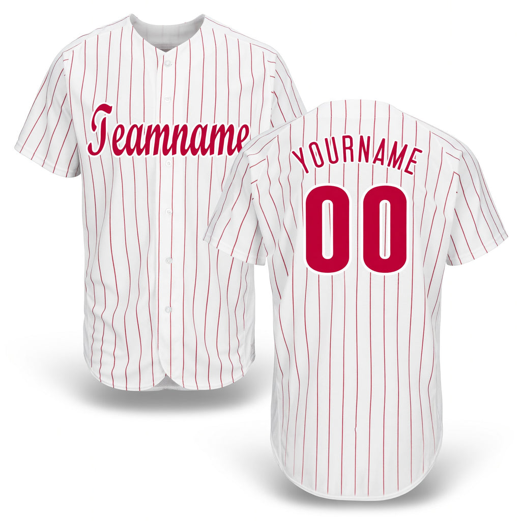 Custom White Red Pinstripe Red-White Baseball Jersey