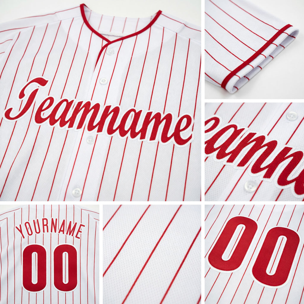 Custom White Red Pinstripe Red-White Baseball Jersey detail