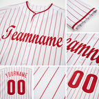 Custom White Red Pinstripe Red-White Baseball Jersey detail