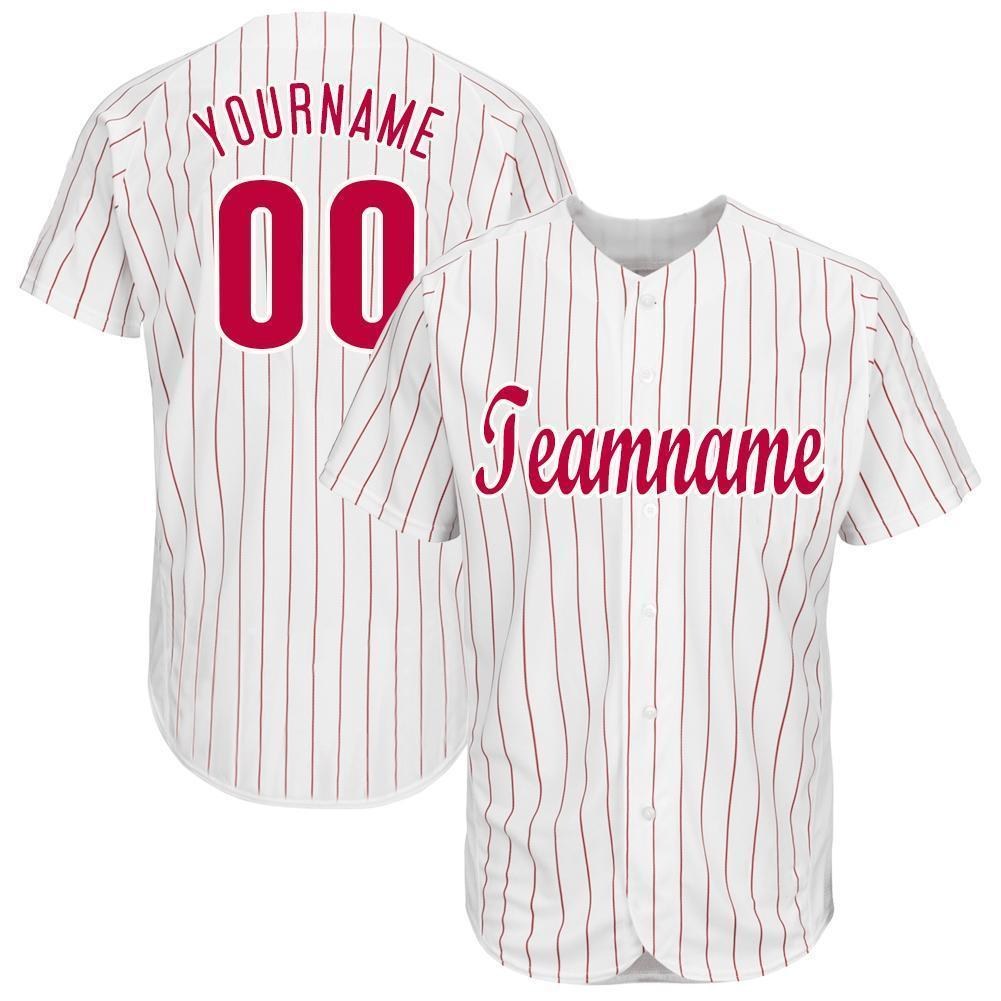 Custom White Red Pinstripe Red-White Baseball Jersey photo 1