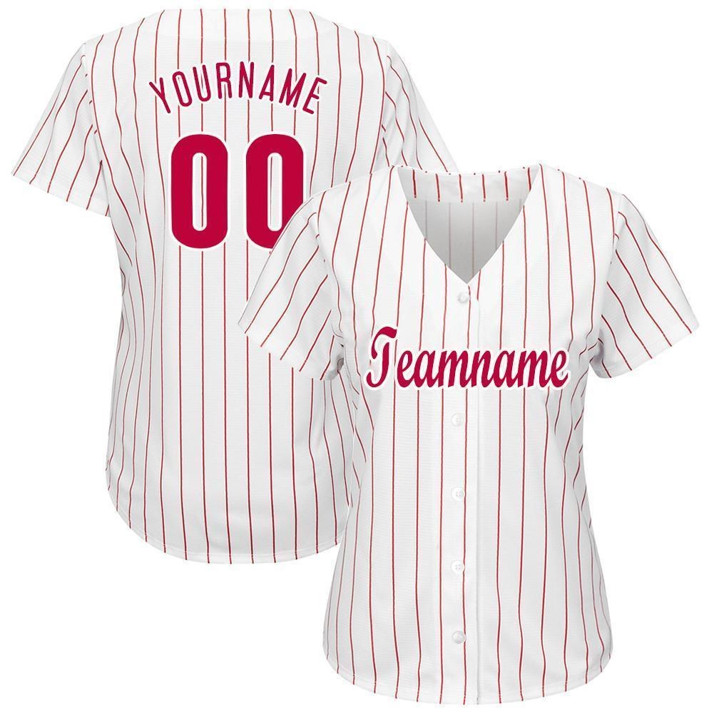 Custom White Red Pinstripe Red-White Baseball Jersey photo 2