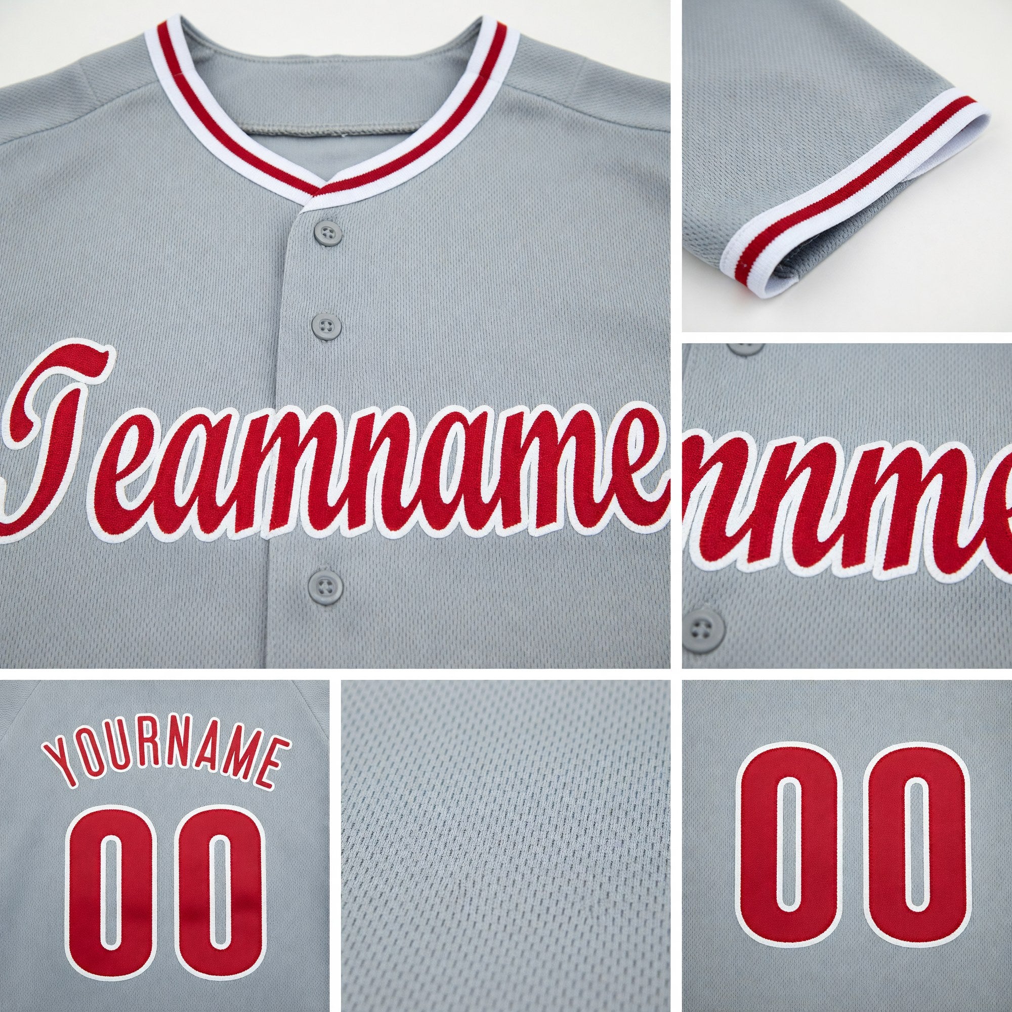 Custom Gray Red-White Baseball Jersey detail