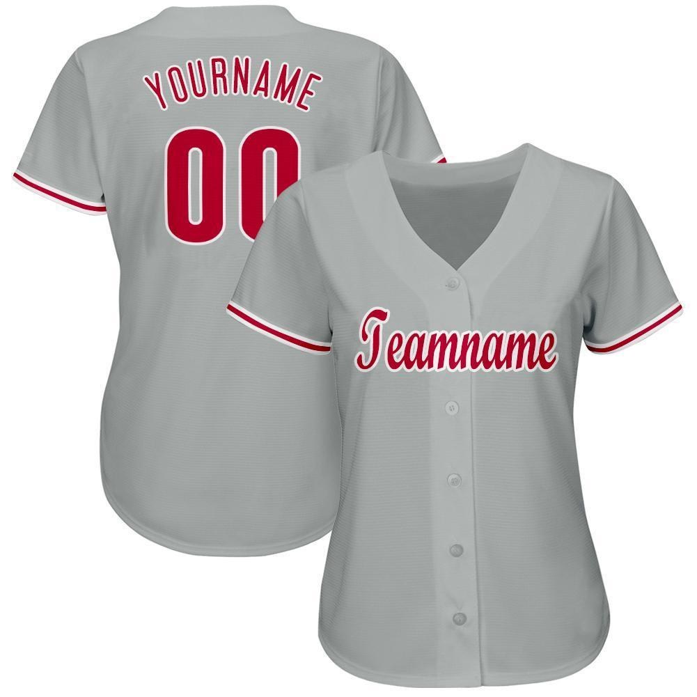 Custom Gray Red-White Baseball Jersey photo 2