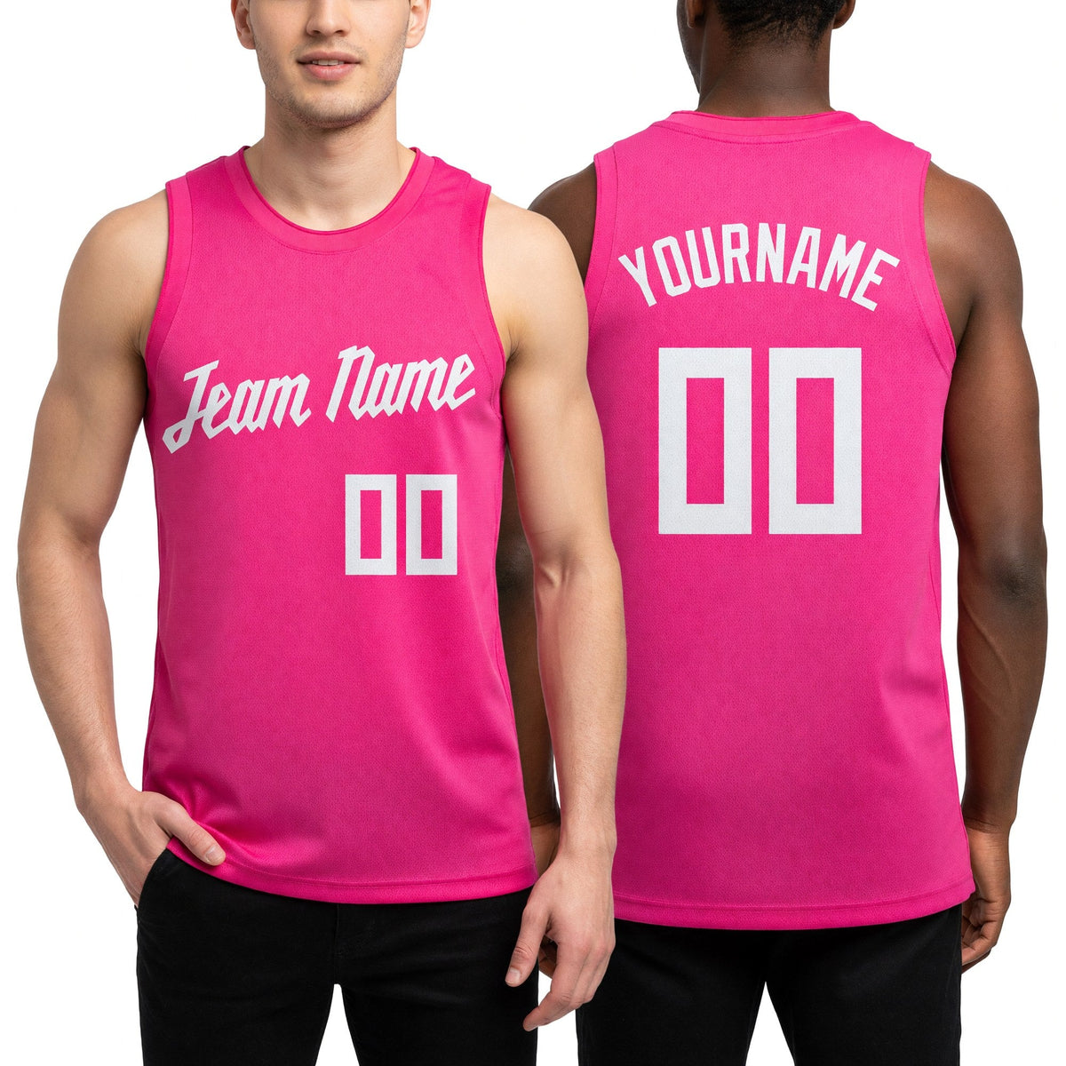 Custom Pink White Round Neck Basketball Jersey worn front and back