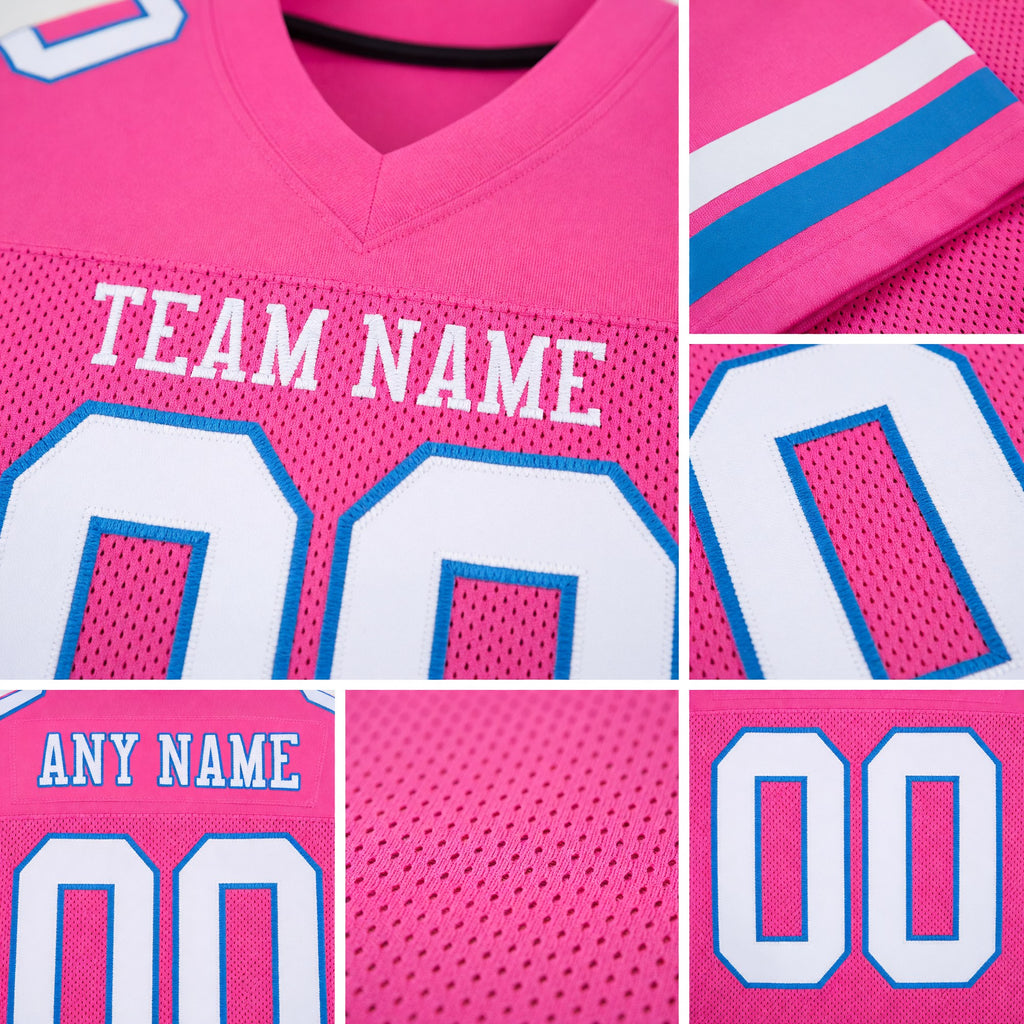 Custom Pink White-Powder Blue Mesh Authentic Football Jersey detail