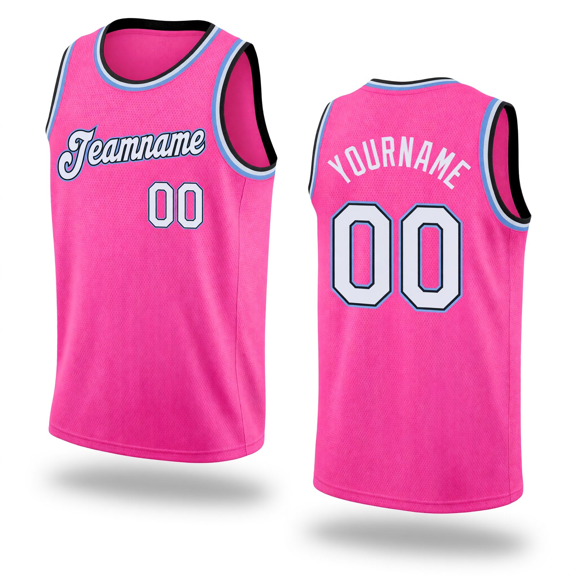 Custom Pink White-Light Blue Round Neck Rib-Knit Basketball Jersey