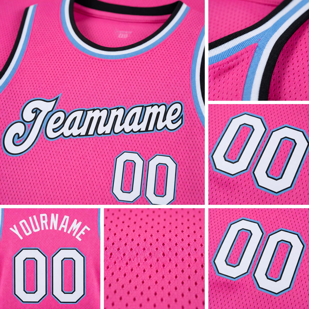 Custom Pink White-Light Blue Round Neck Rib-Knit Basketball Jersey detail
