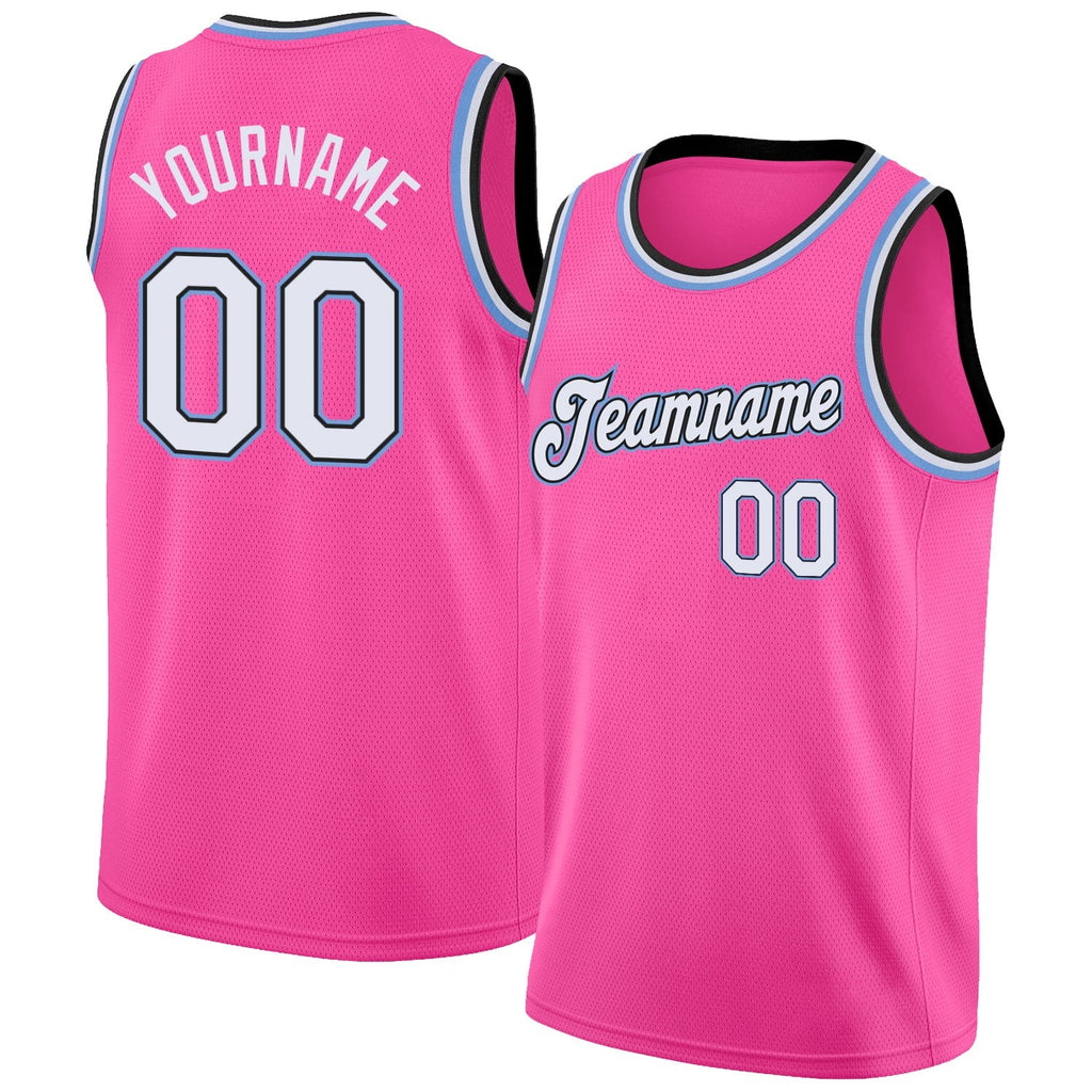 Custom Pink White-Light Blue Round Neck Rib-Knit Basketball Jersey photo 1