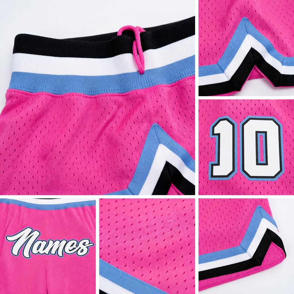Custom Pink White-Light Blue Authentic Throwback Basketball Shorts detail