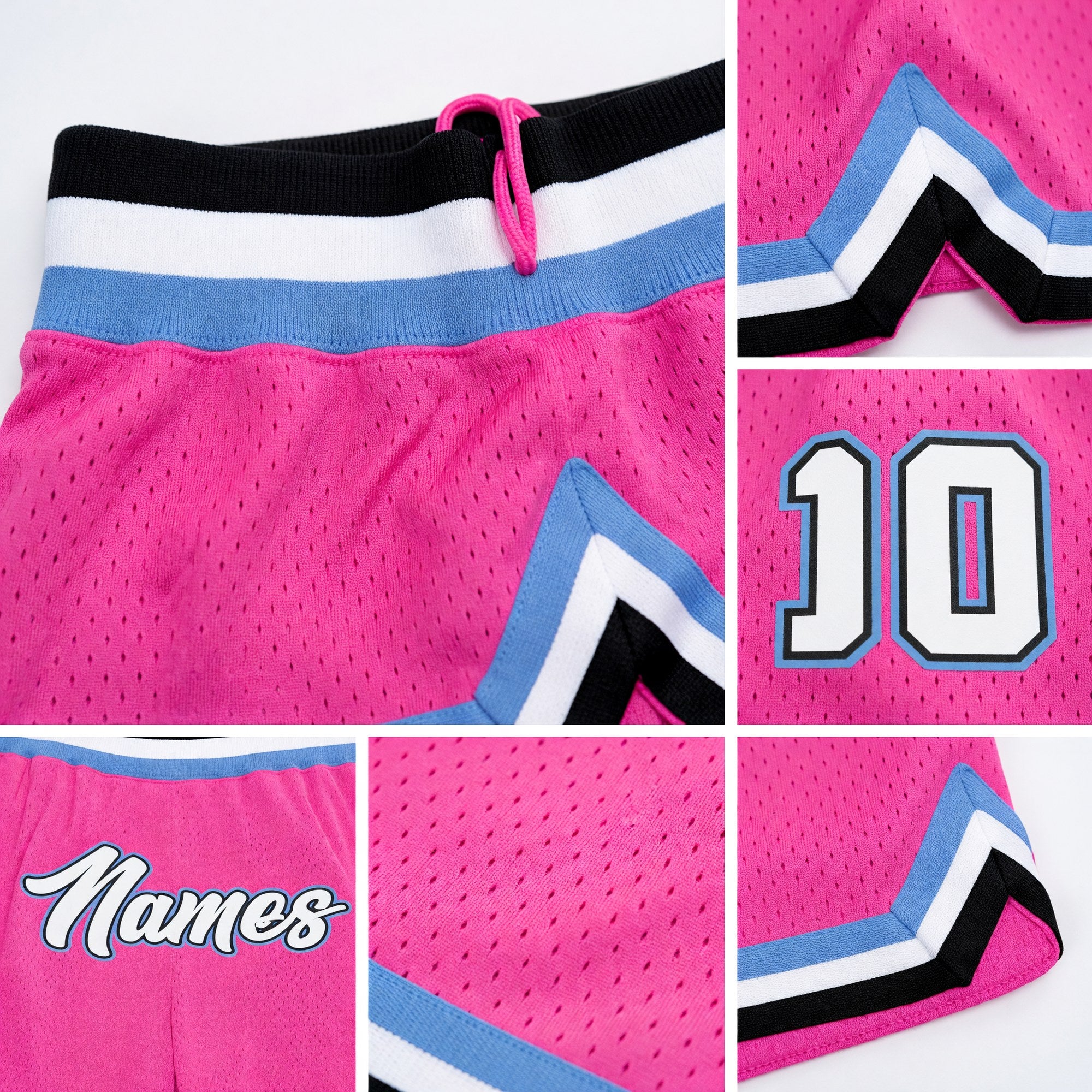 Custom Pink White-Light Blue Authentic Throwback Basketball Shorts detail