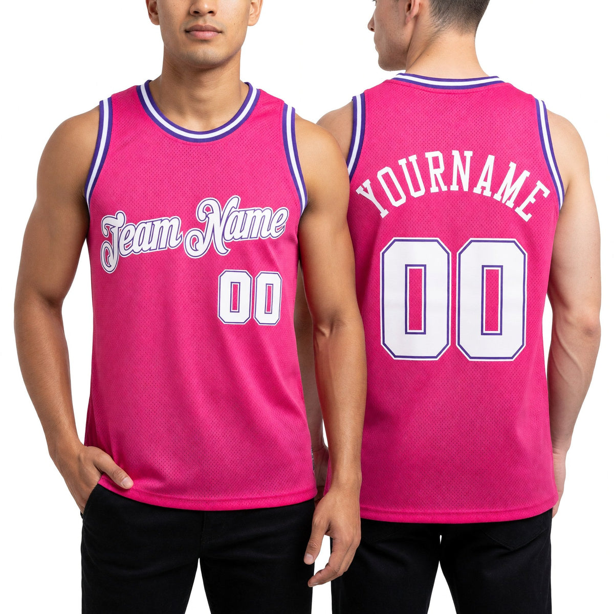 Custom Pink White-Purple Authentic Throwback Basketball Jersey worn front and back