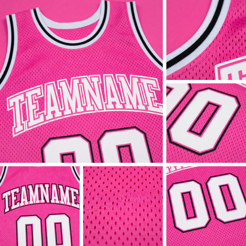 Custom Pink White-Black Authentic Throwback Basketball Jersey detail