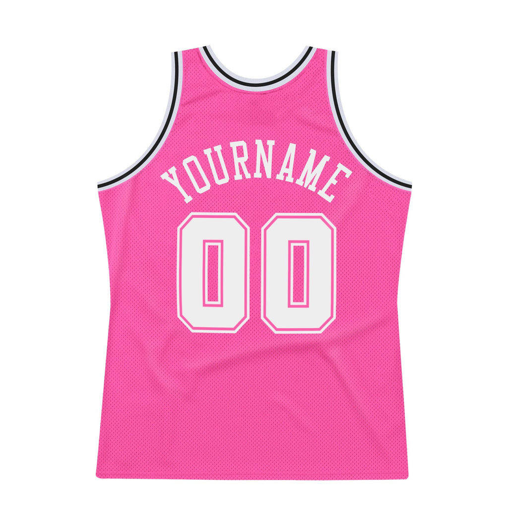 Custom Pink White-Black Authentic Throwback Basketball Jersey photo 5
