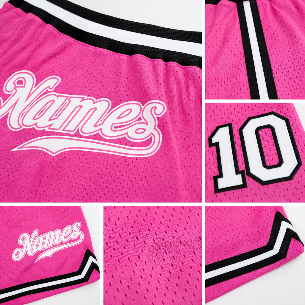 Custom Pink White-Black Authentic Throwback Basketball Shorts detail