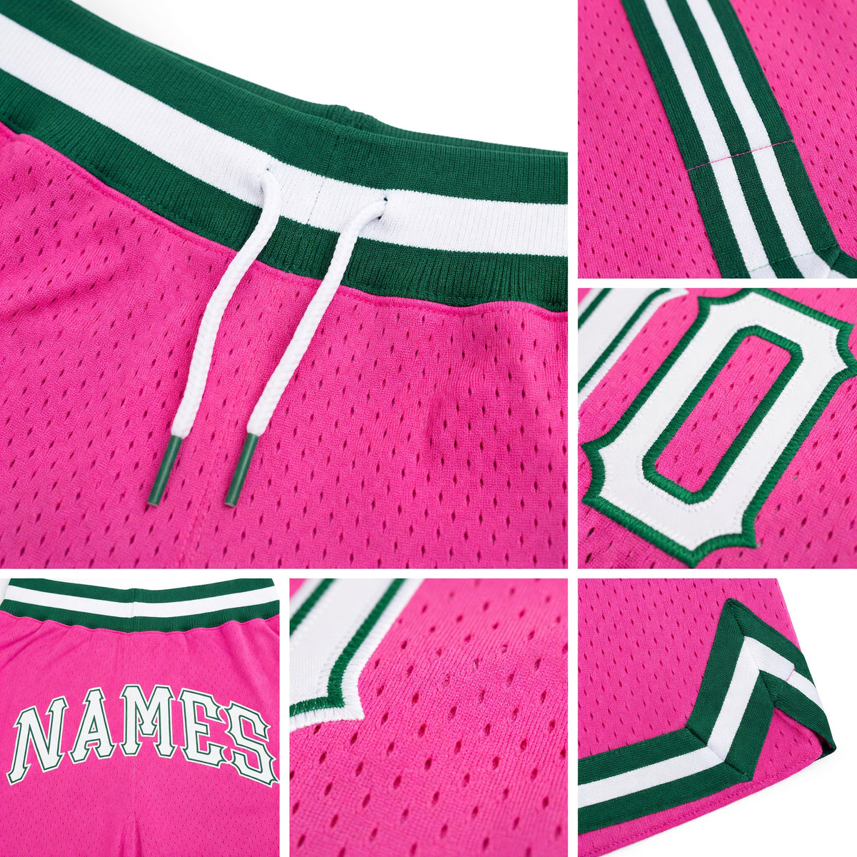 Custom Pink White-Kelly Green Authentic Throwback Basketball Shorts detail