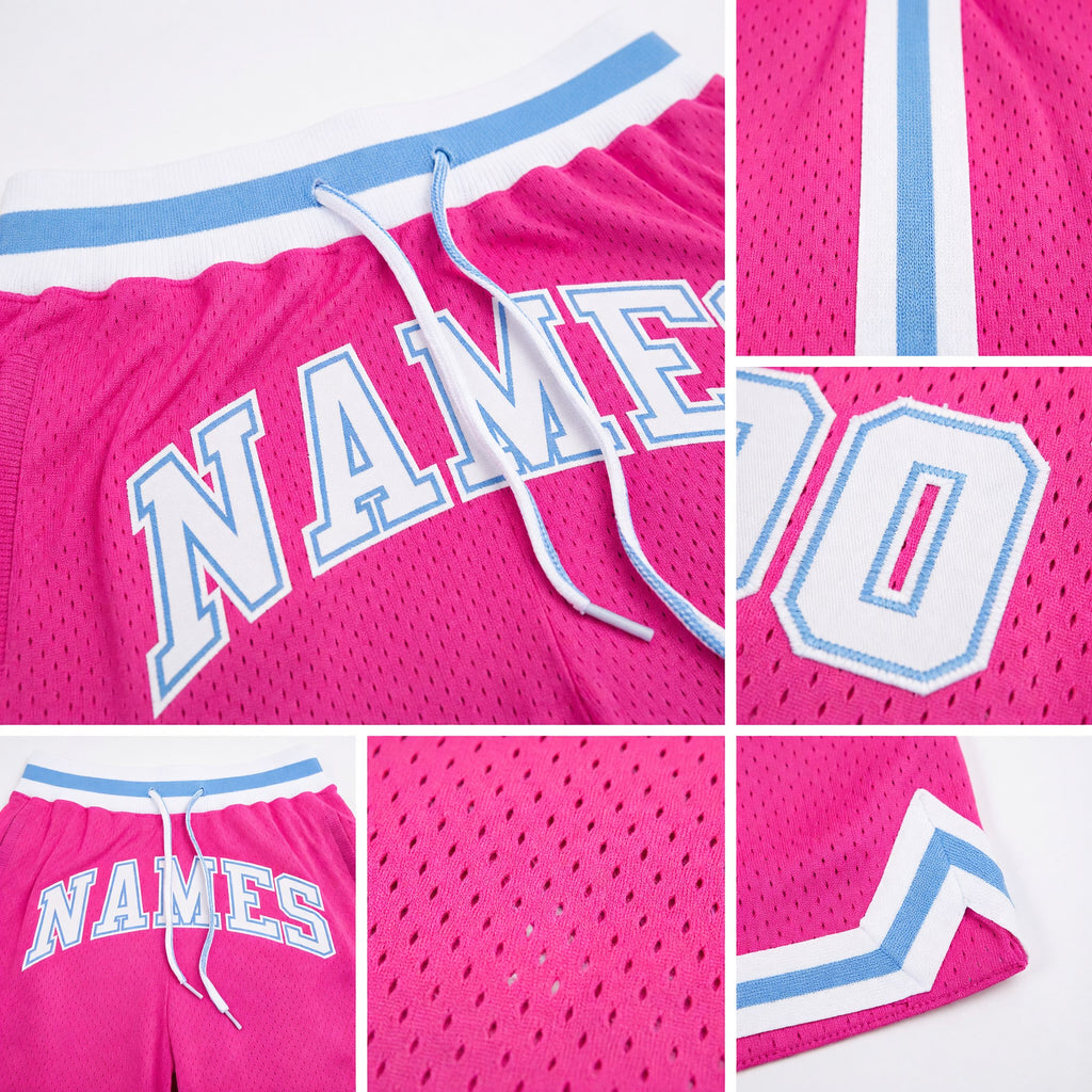 Custom Pink White-Light Blue Authentic Throwback Basketball Shorts detail