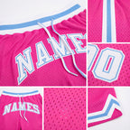 Custom Pink White-Light Blue Authentic Throwback Basketball Shorts detail