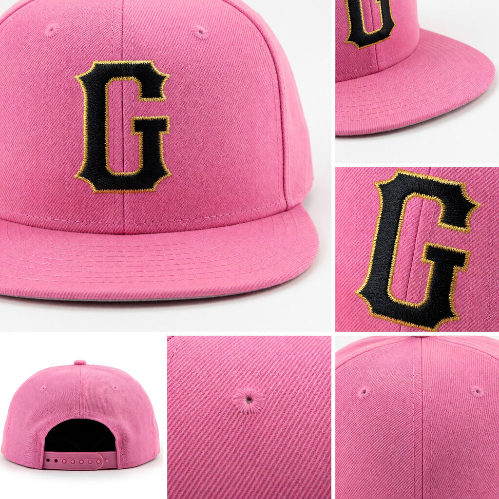 Custom Pink Black-Old Gold Stitched Adjustable Snapback Hat detail
