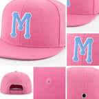 Custom Pink Light Blue-White Stitched Adjustable Snapback Hat detail